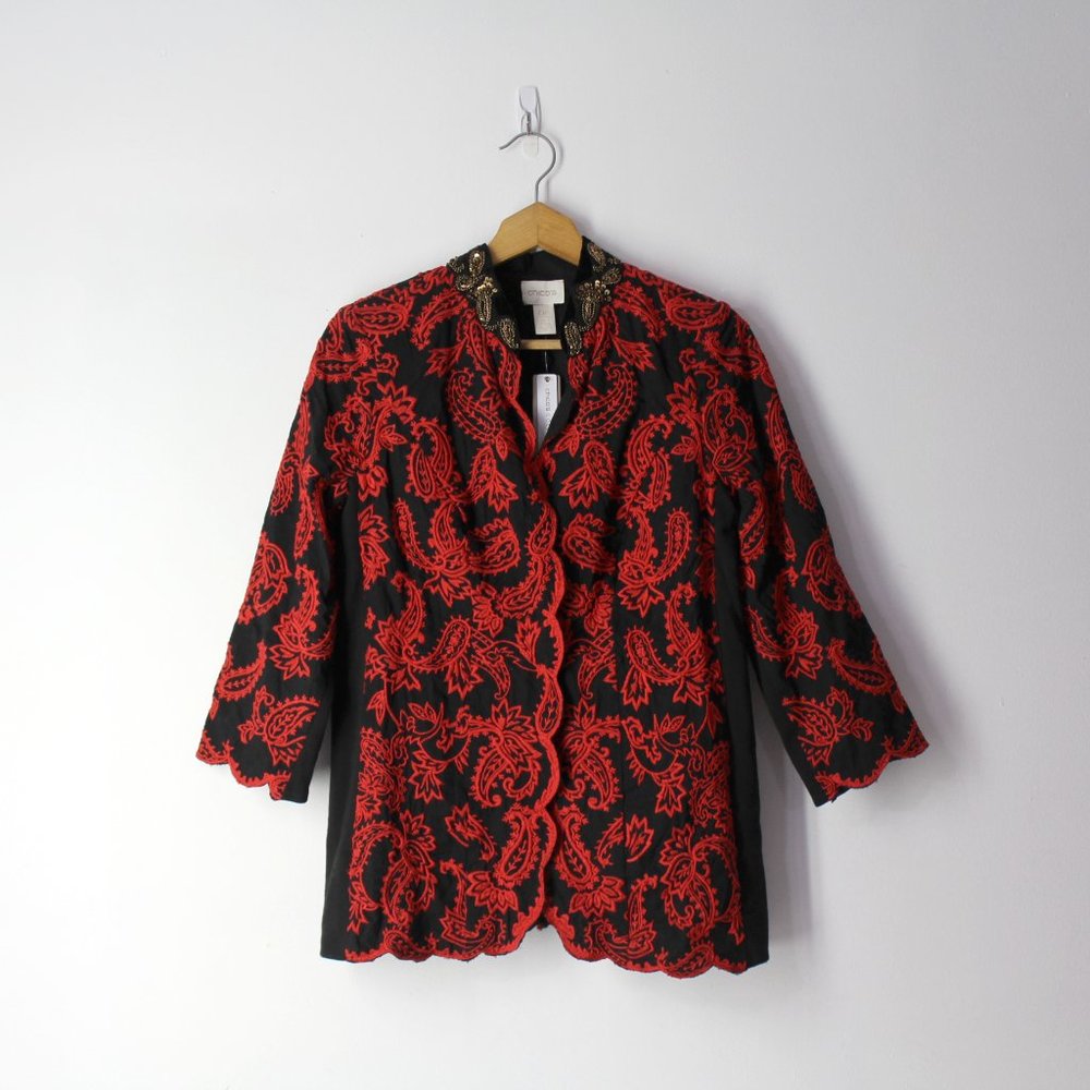 Vintage Chico's Embroidered Collectible Jacket Black Red Paisley petite 0 4 S